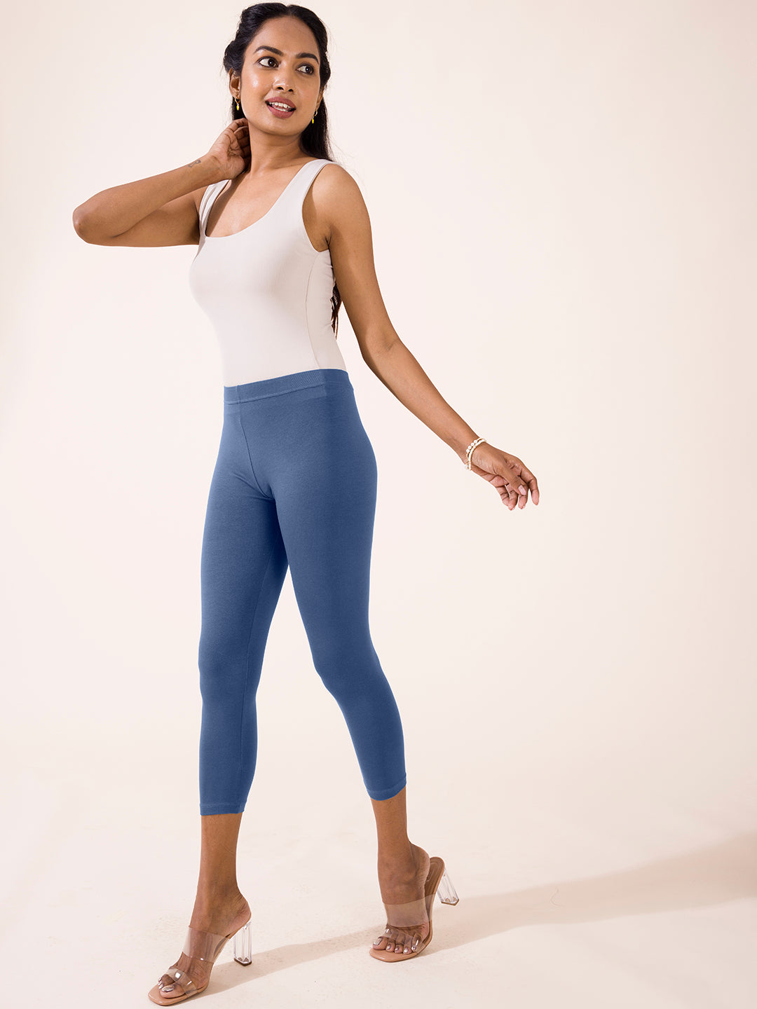 Jeans Blue Cotton Stretch Cropped Leggings