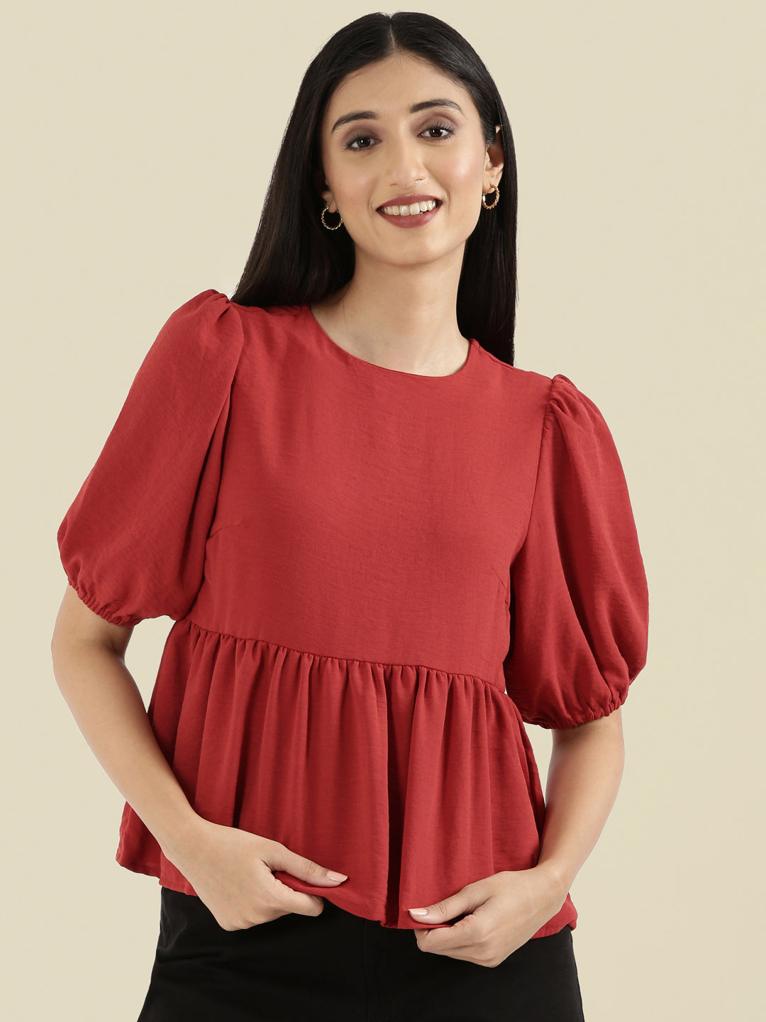 Hammered Crew Neck Peplum Top