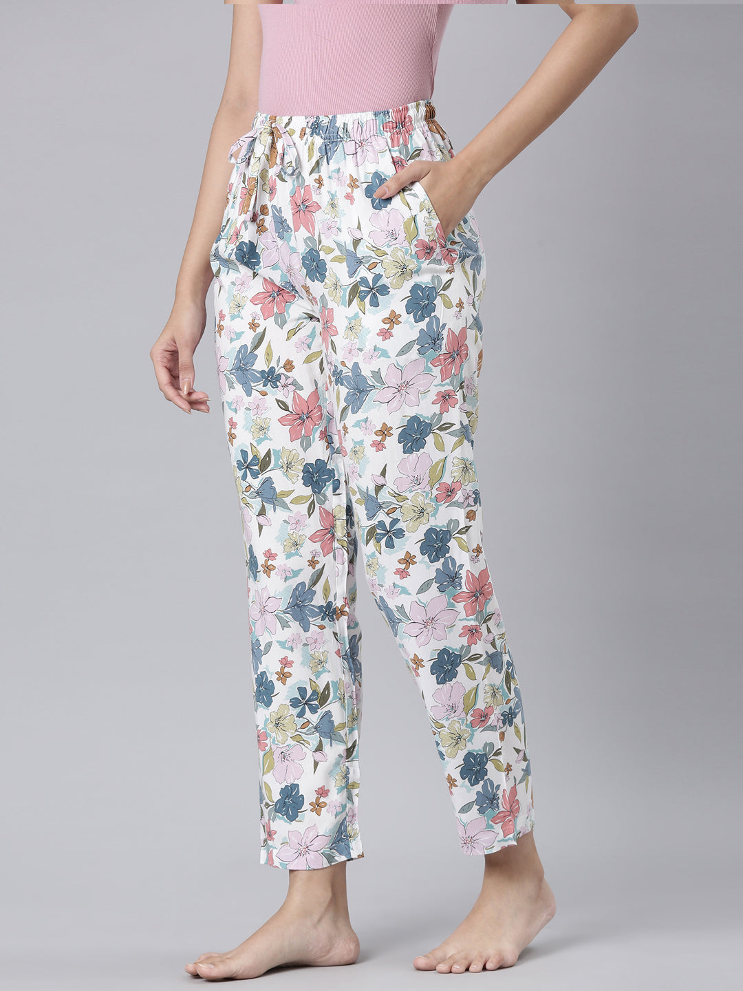 White Woven Viscose Printed Lounge Pants