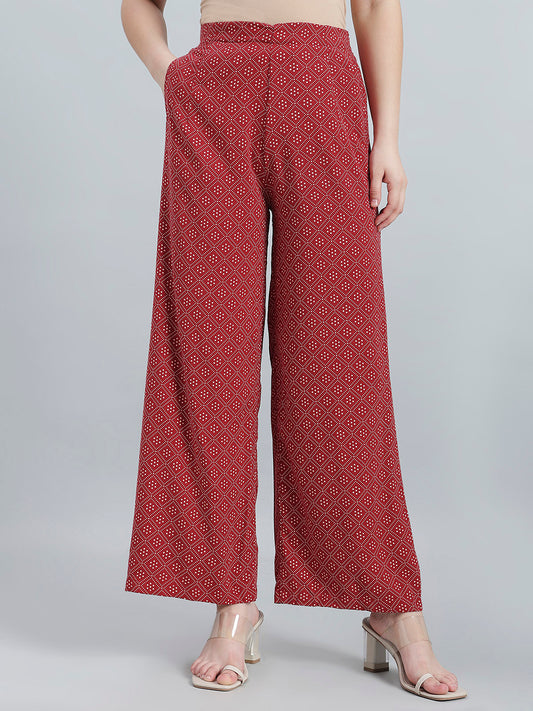 Red Woven Viscose Printed Palazzo