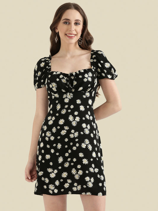 Viscose Sweetheart Neck Printed Short Dress