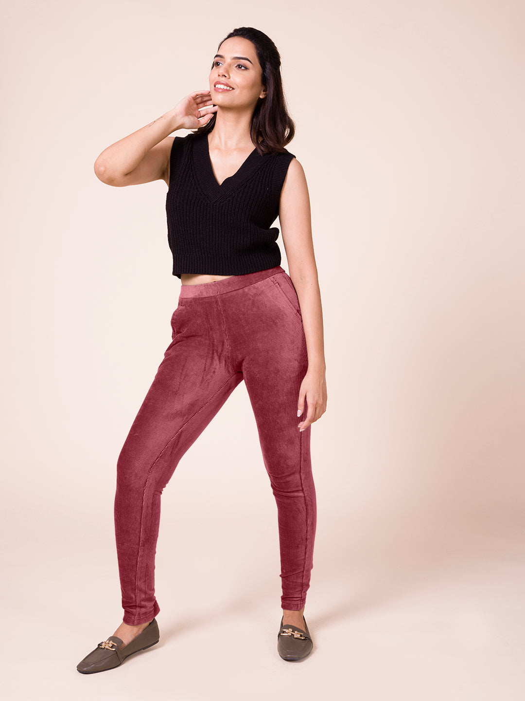 Light Wine Cotton Polyester Corduroy Jeggings