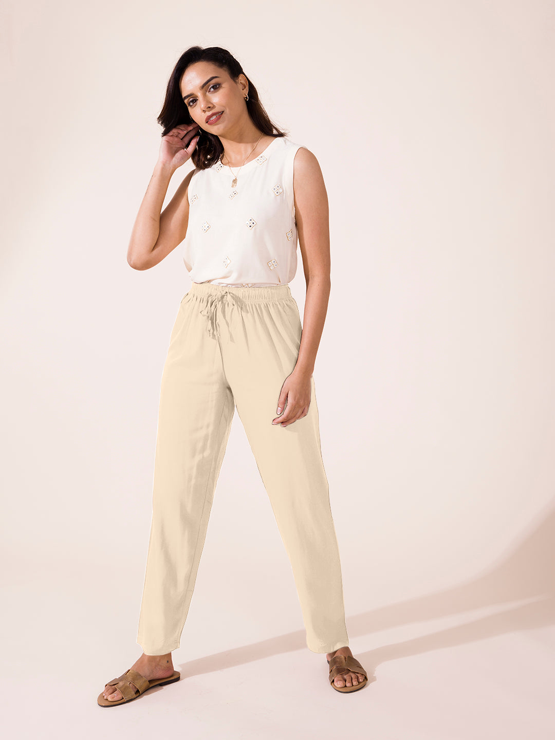 Light Beige Woven Viscose Casual Pants