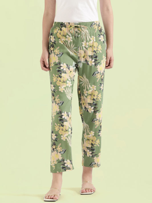 Green Woven Viscose Printed Lounge Pants