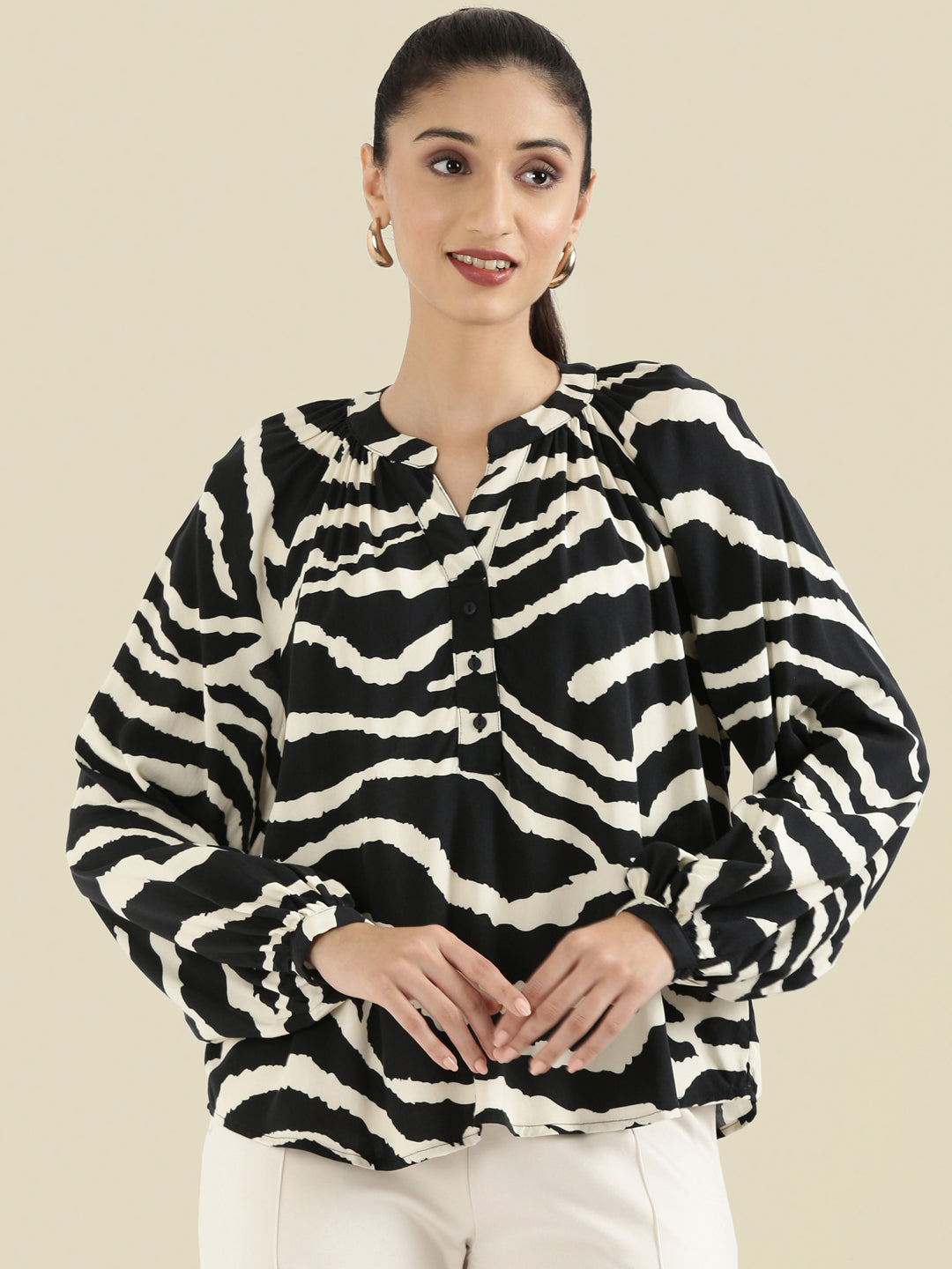 Viscose Loose Fit Mandarin Collar Printed Blouse