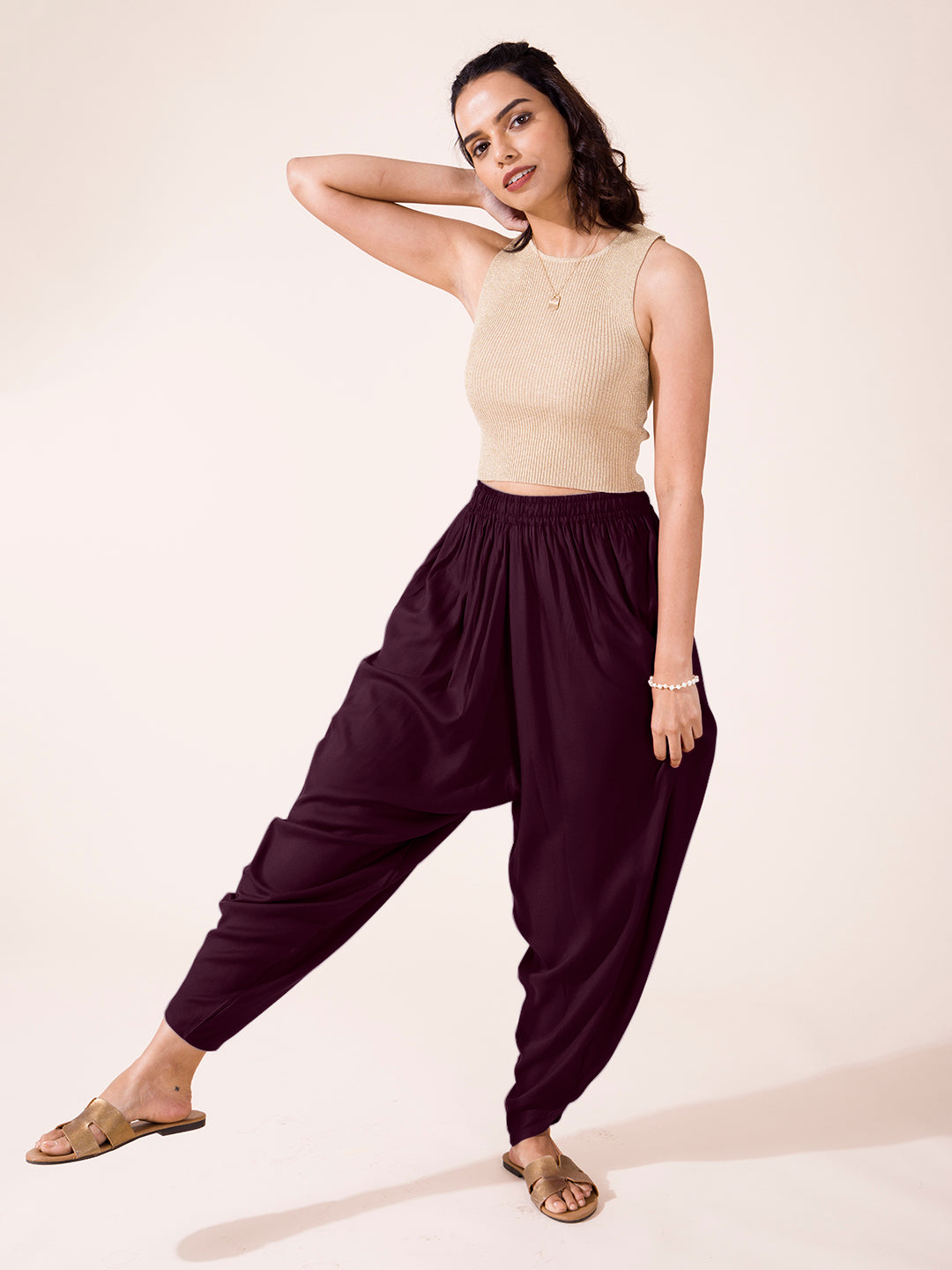 Purple Woven Viscose Harem Dhoti Pant