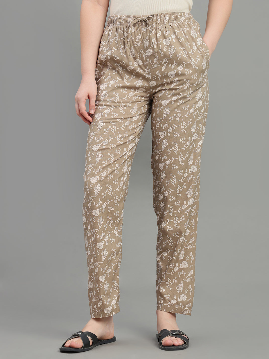 Beige Woven Viscose Printed Lounge Pants