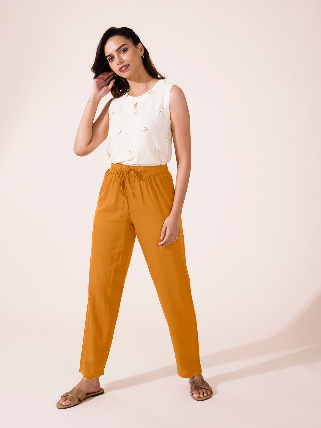 Light Mustard Woven Viscose Casual Pants