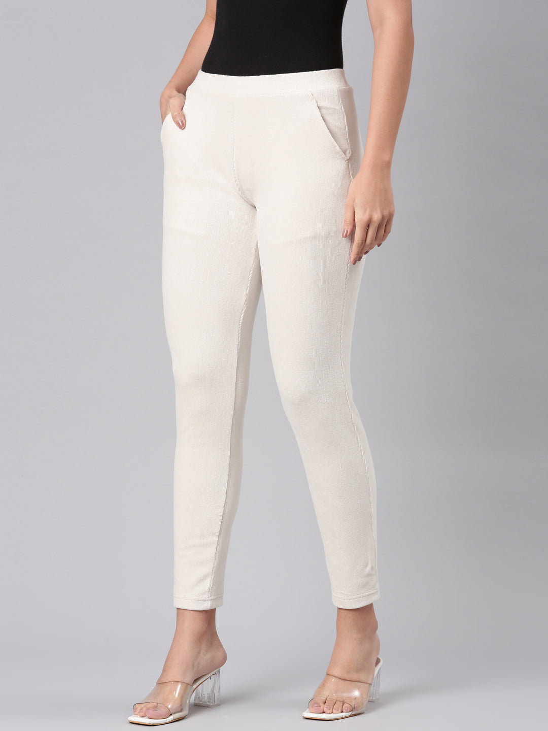 Cream Cotton Polyester Corduroy Jeggings