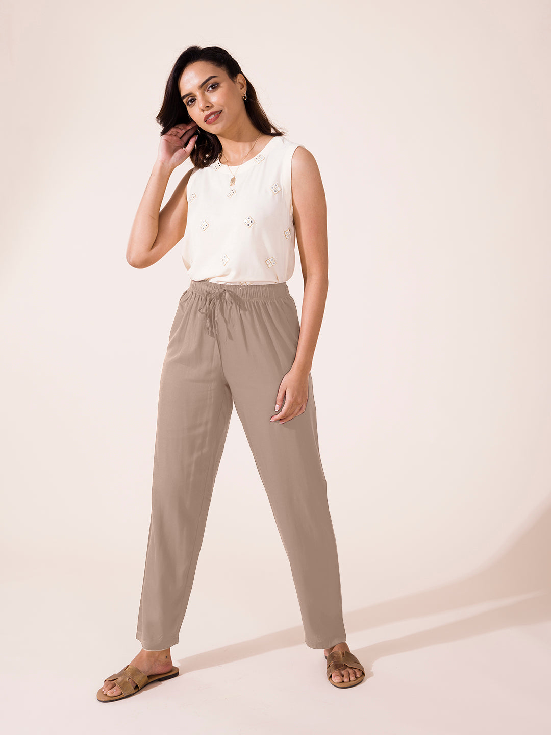 Beige Woven Viscose Casual Pants