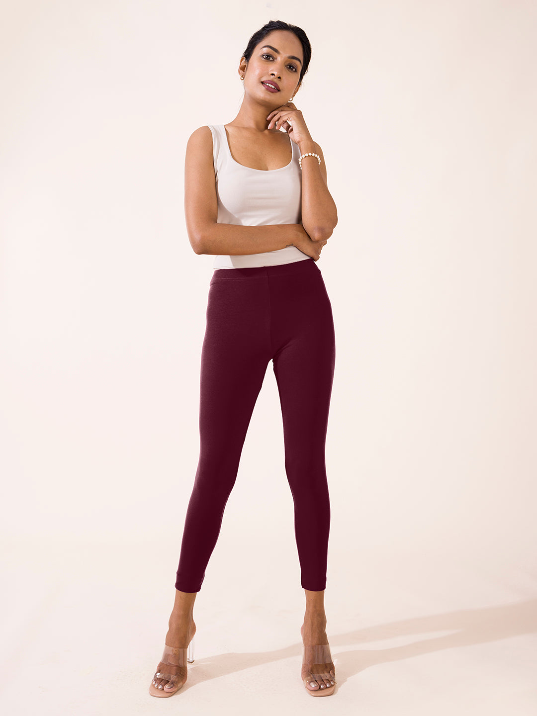 Buy Go Colors Women Purple Solid Stretch Leggings Online at Best