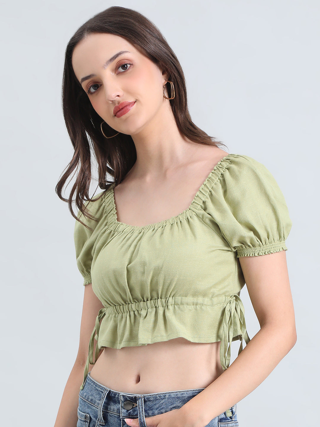 Linen Blend Square Neck Cropped Gathered Blouse