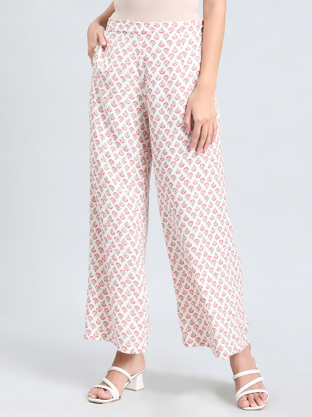 White Woven Viscose Printed Palazzo