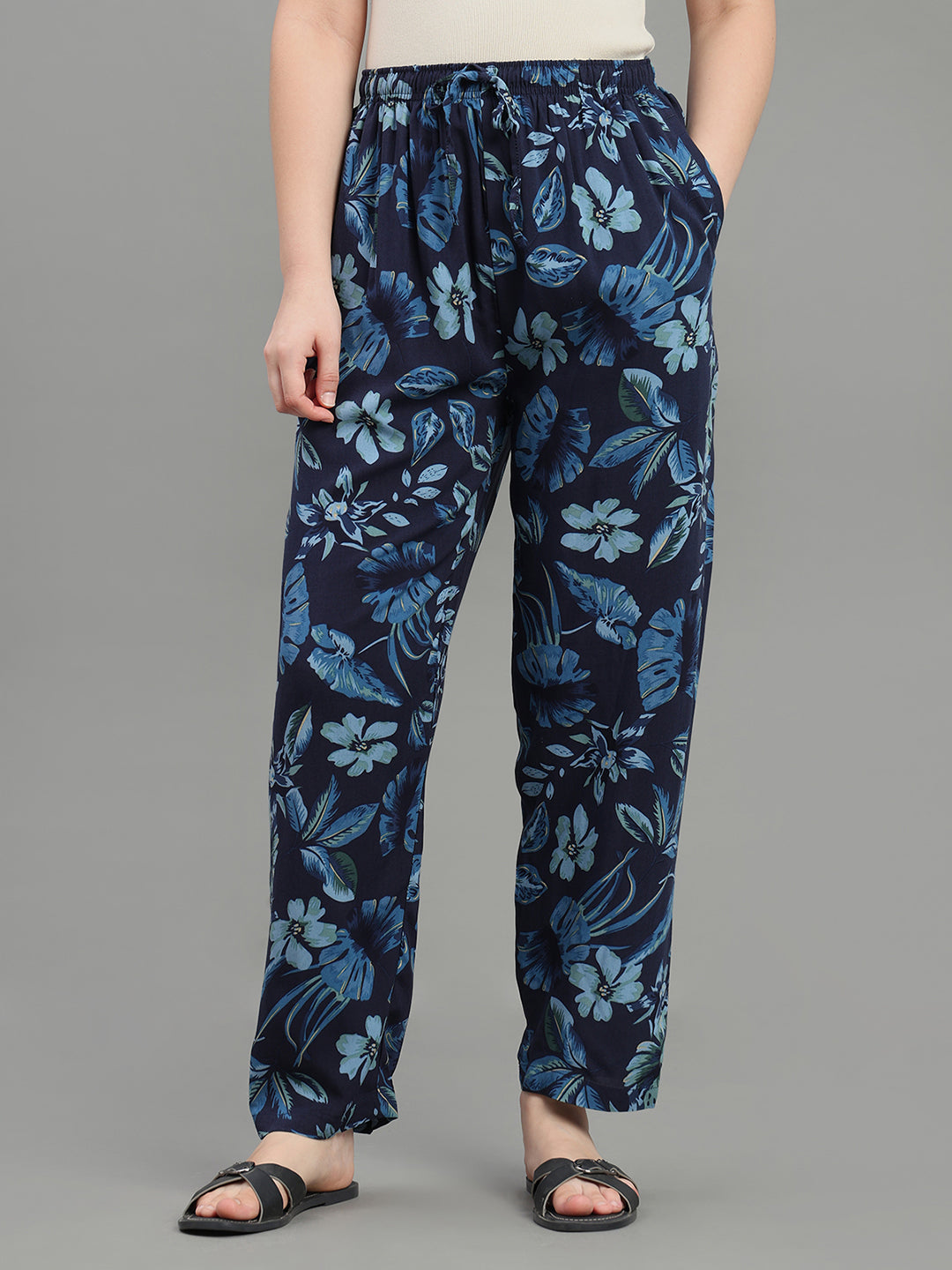Navy Woven Viscose Printed Lounge Pants
