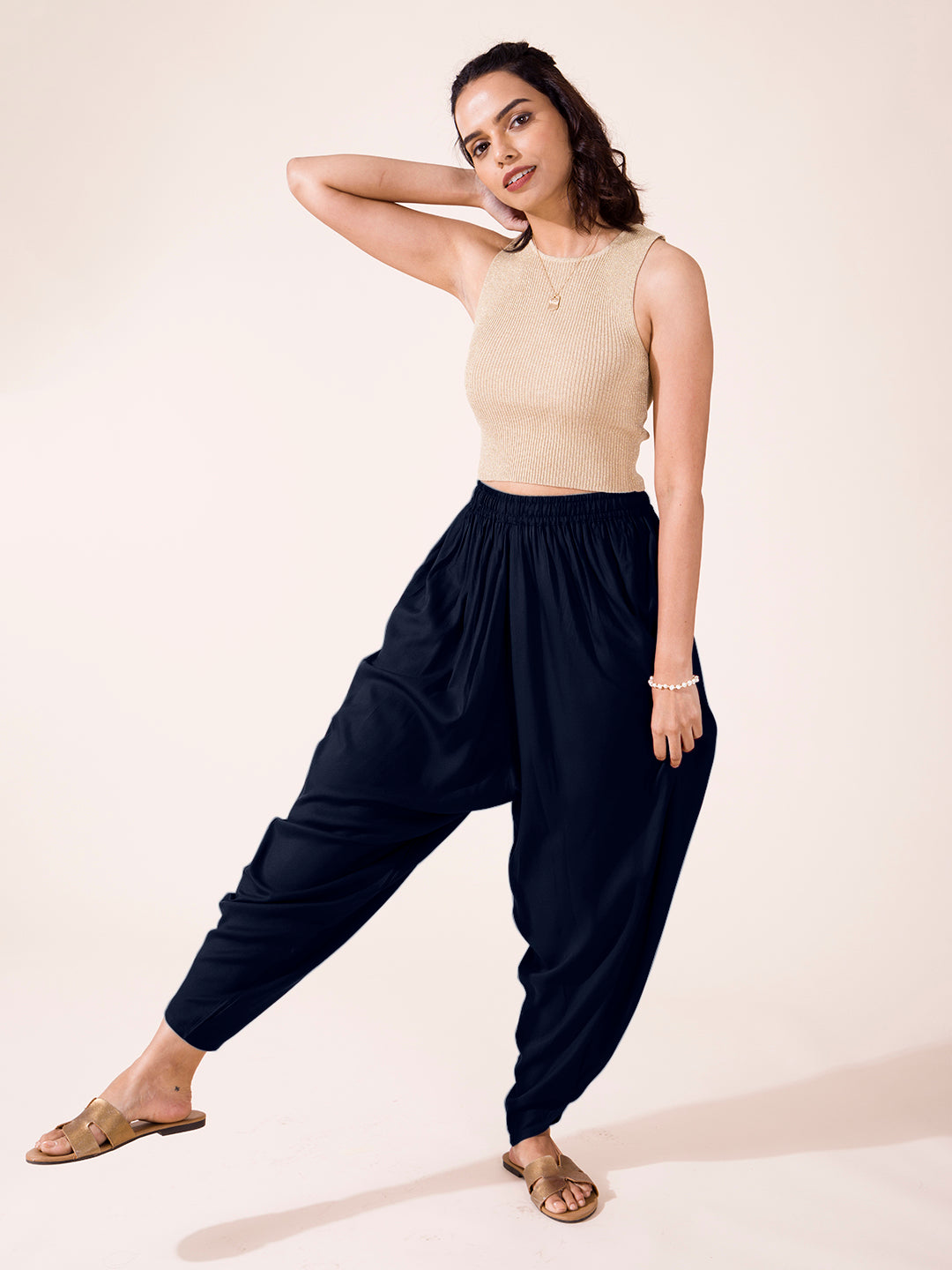 Navy Woven Viscose Harem Dhoti Pant