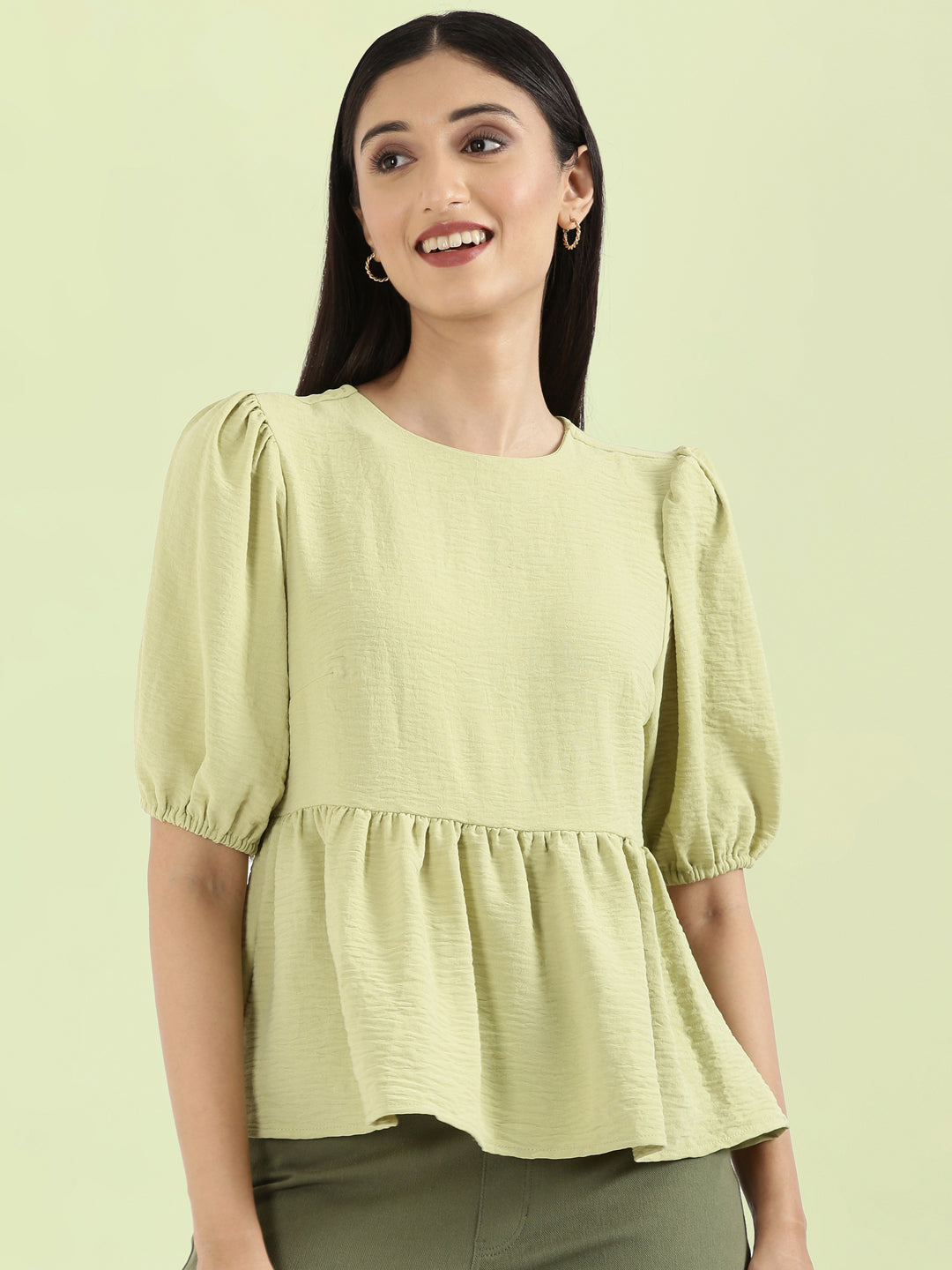 Hammered Crew Neck Peplum Top