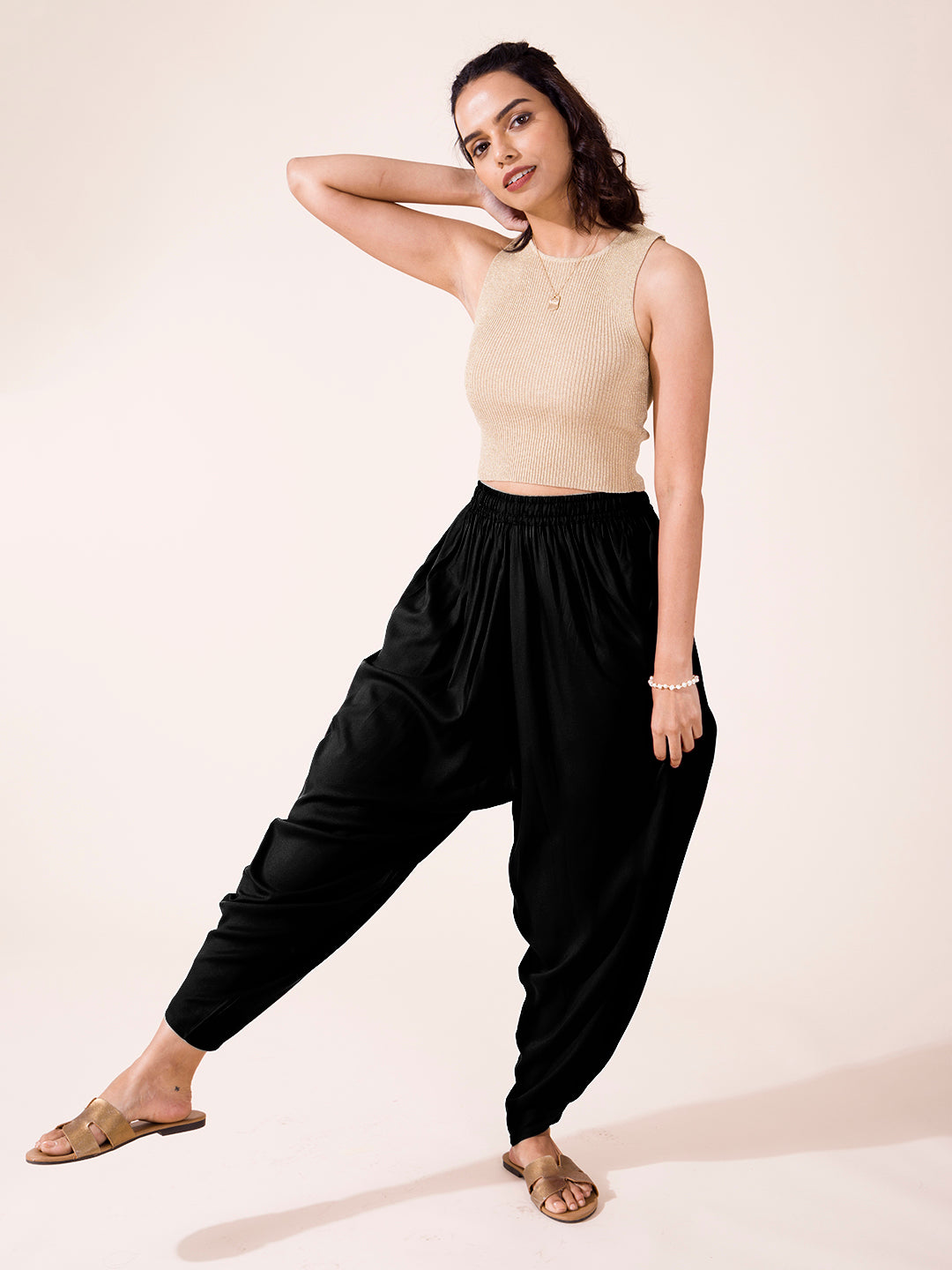 Black Woven Viscose Harem Dhoti Pant