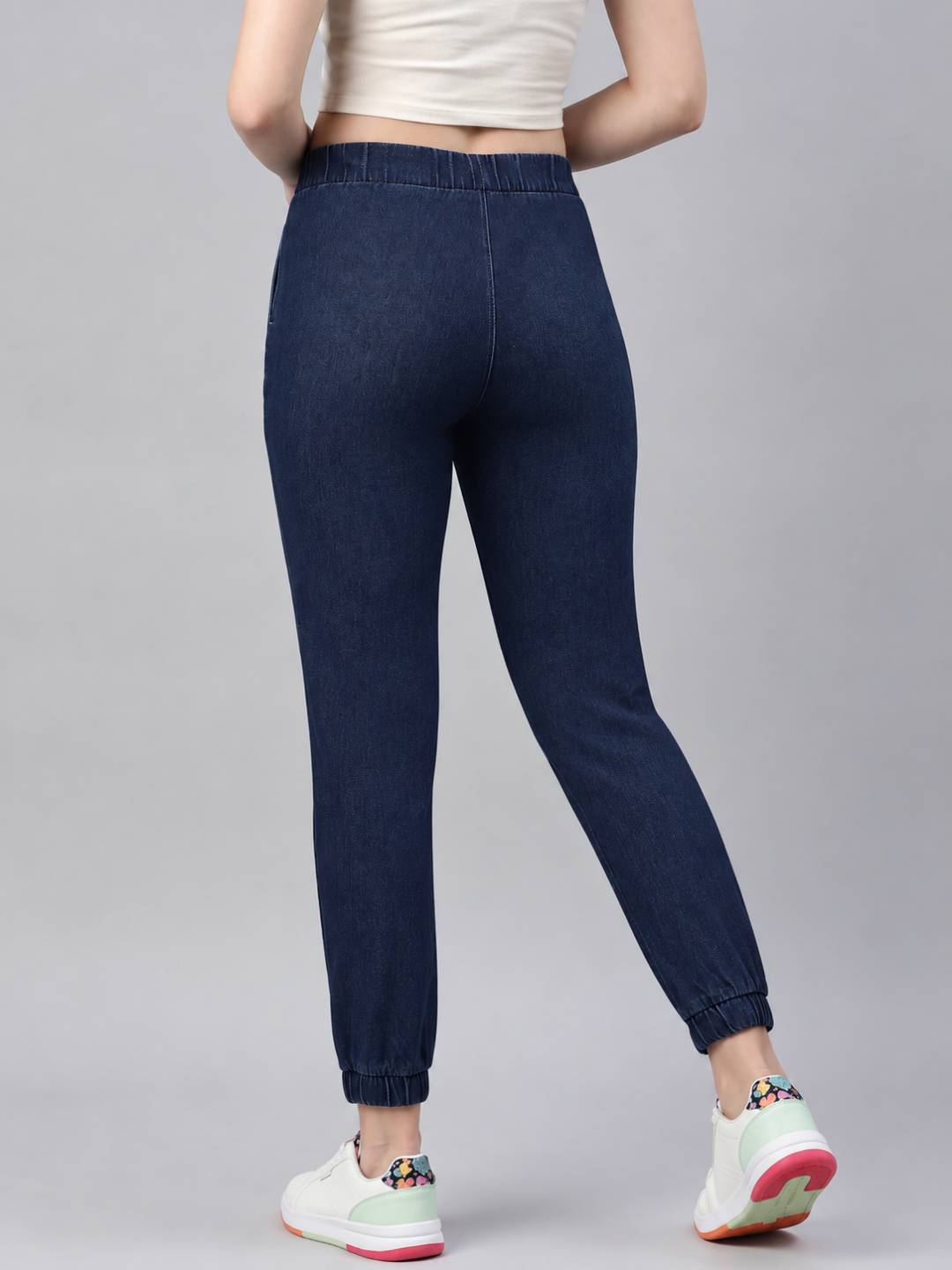Blue Cotton Poly Stretch Denim Joggers