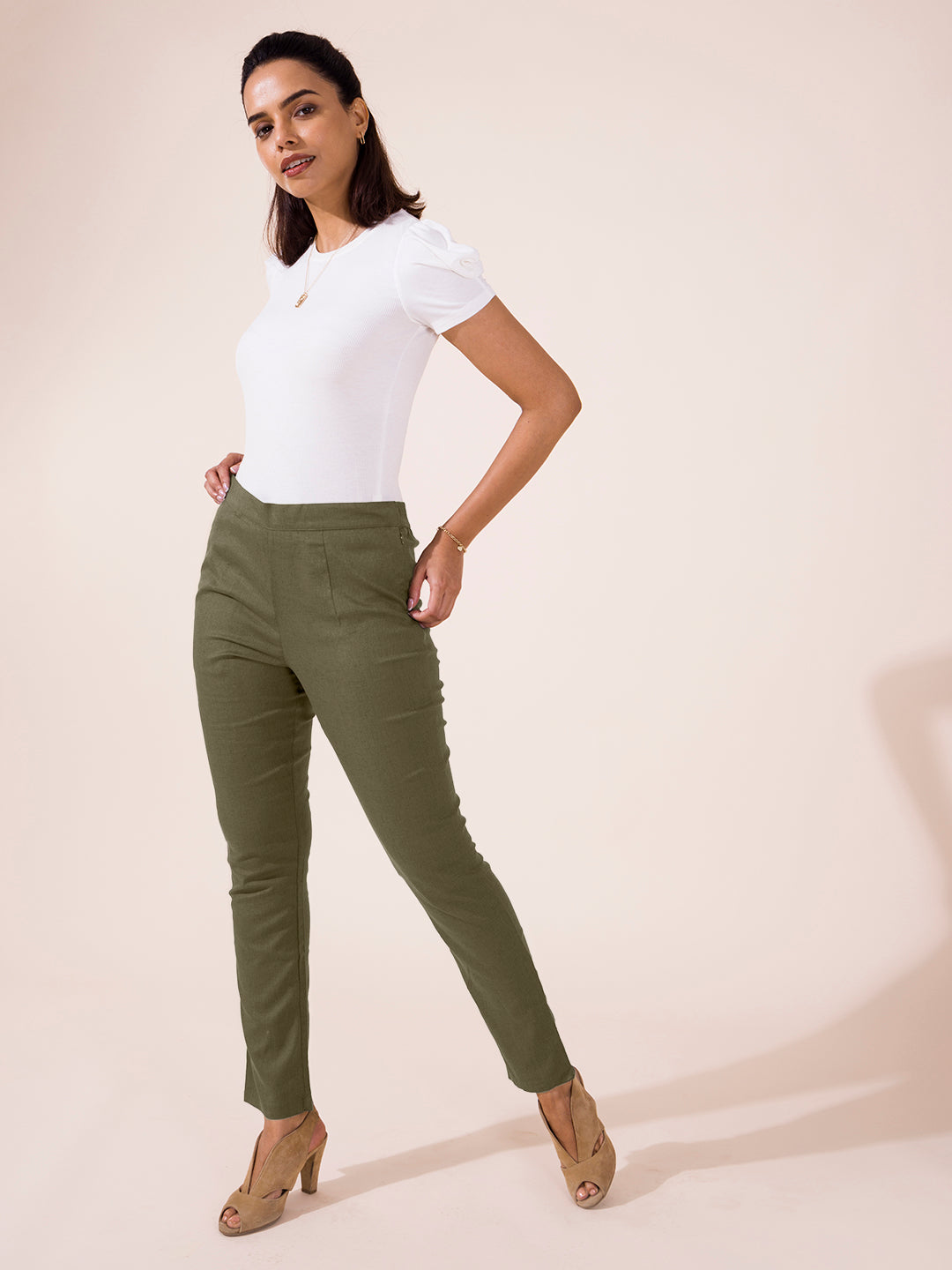 Olive Green Linen Pencil Pant