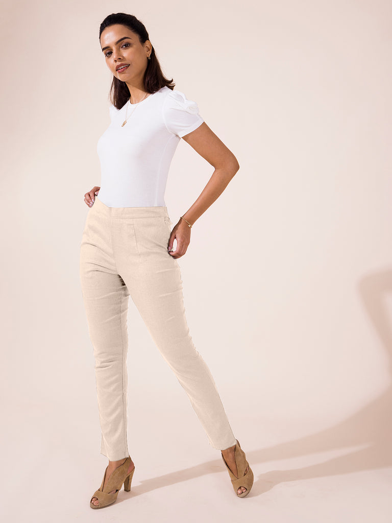 Women Solid Light Beige Mid Rise Linen Pencil Pants