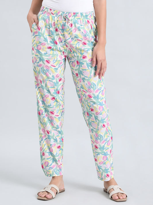 White Woven Viscose Printed Lounge Pants