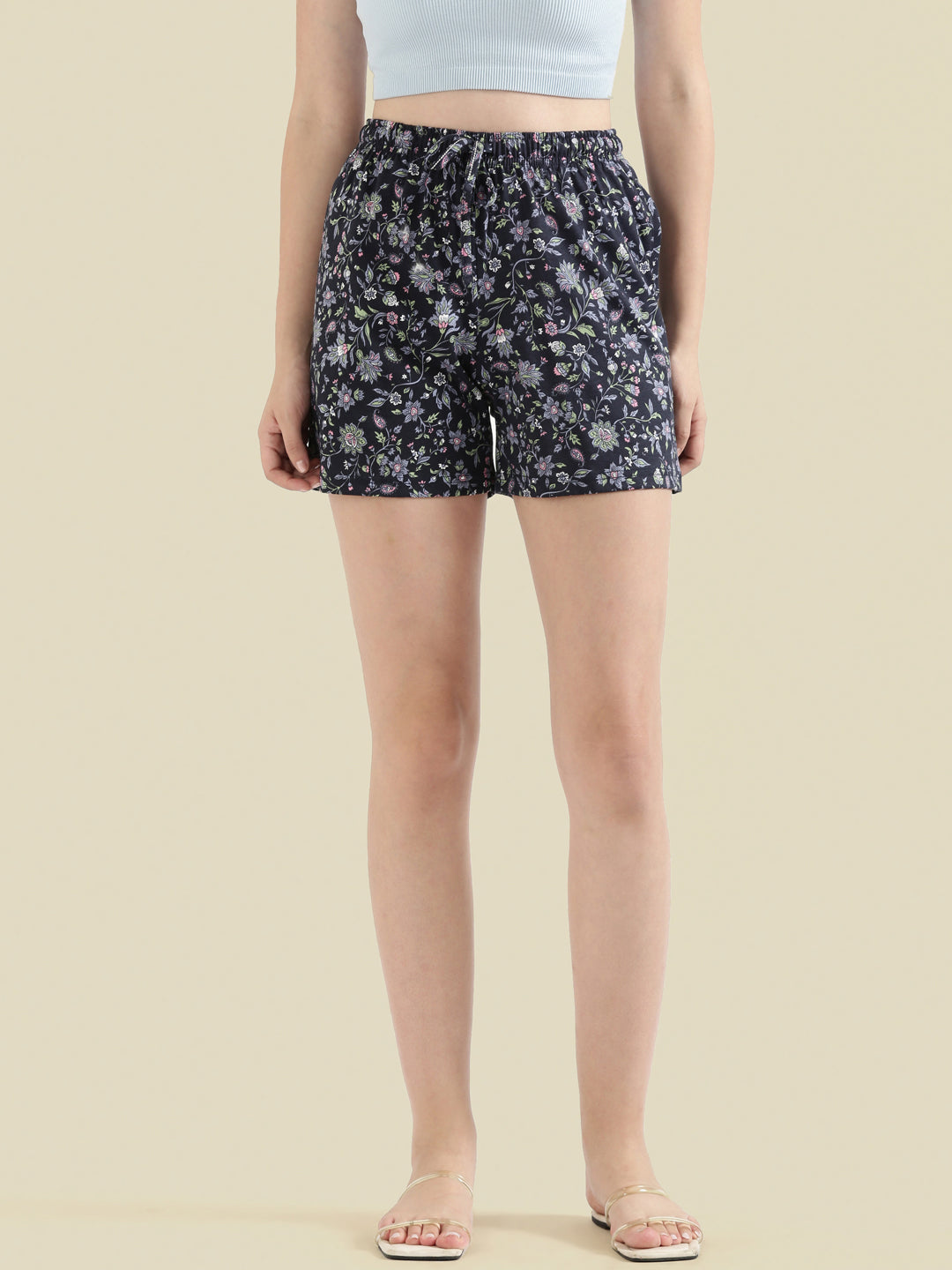 Navy Cotton Knit Printed Lounge Shorts