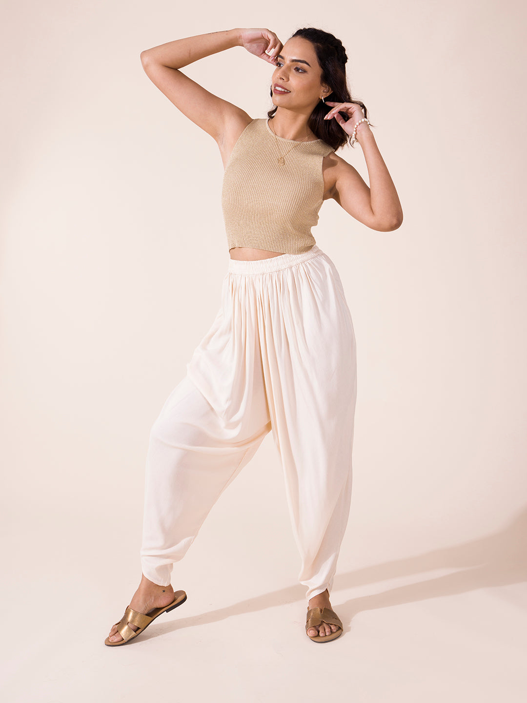 Ecru Woven Viscose Harem Dhoti Pant