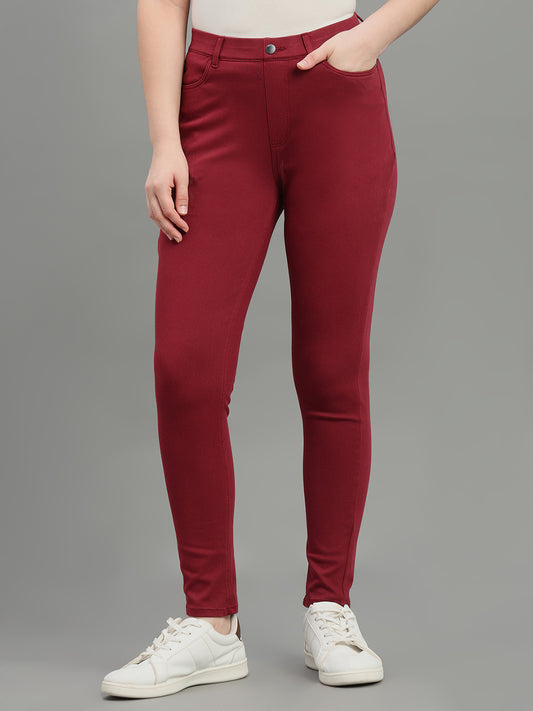 Bright Maroon Cotton Polyester Super Stretch Jeggings
