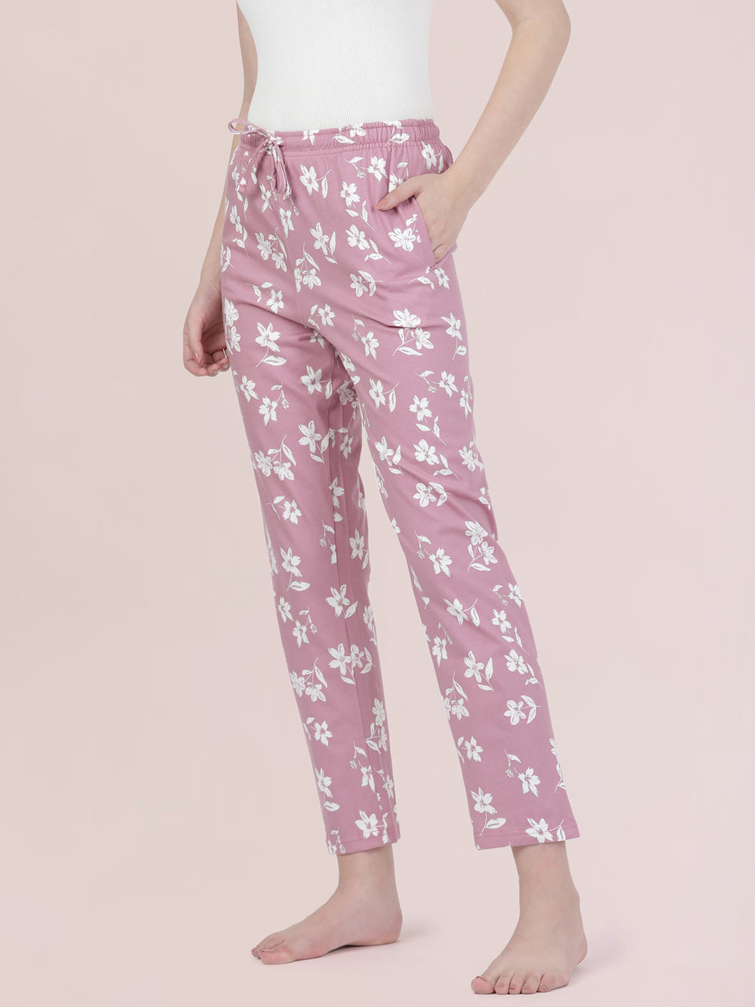 Medium Pink Cotton Knit Printed Lounge Pants