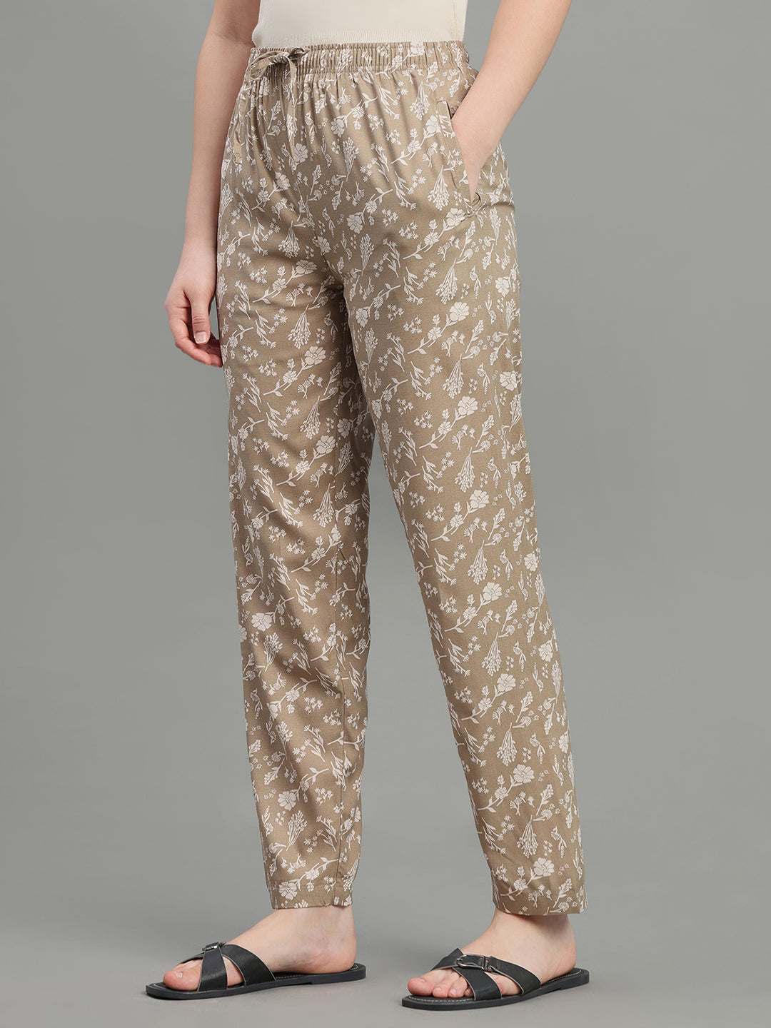 Beige Woven Viscose Printed Lounge Pants