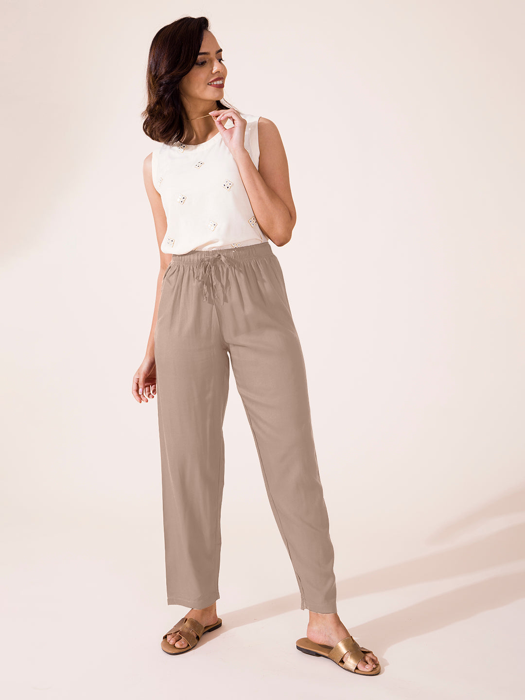 Beige Woven Viscose Casual Pants