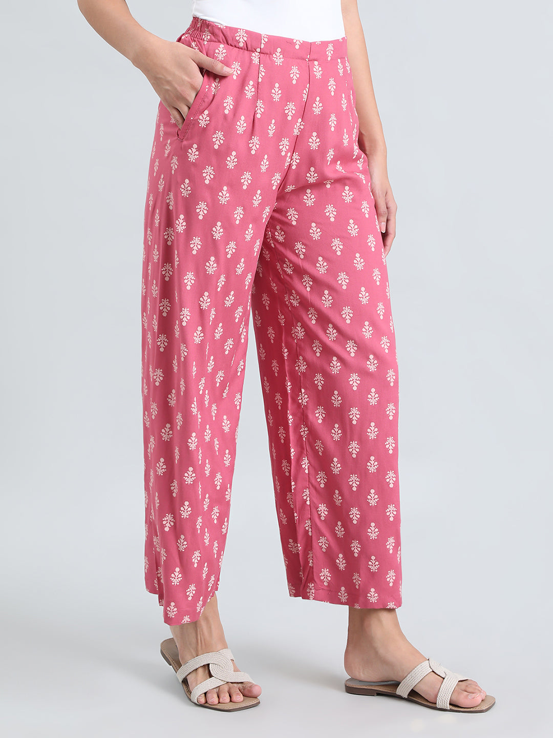 Medium Pink Woven Viscose Printed Palazzo