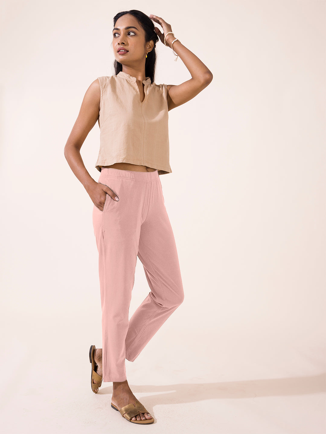 Baby Pink Cotton Stretch Kurti Pants