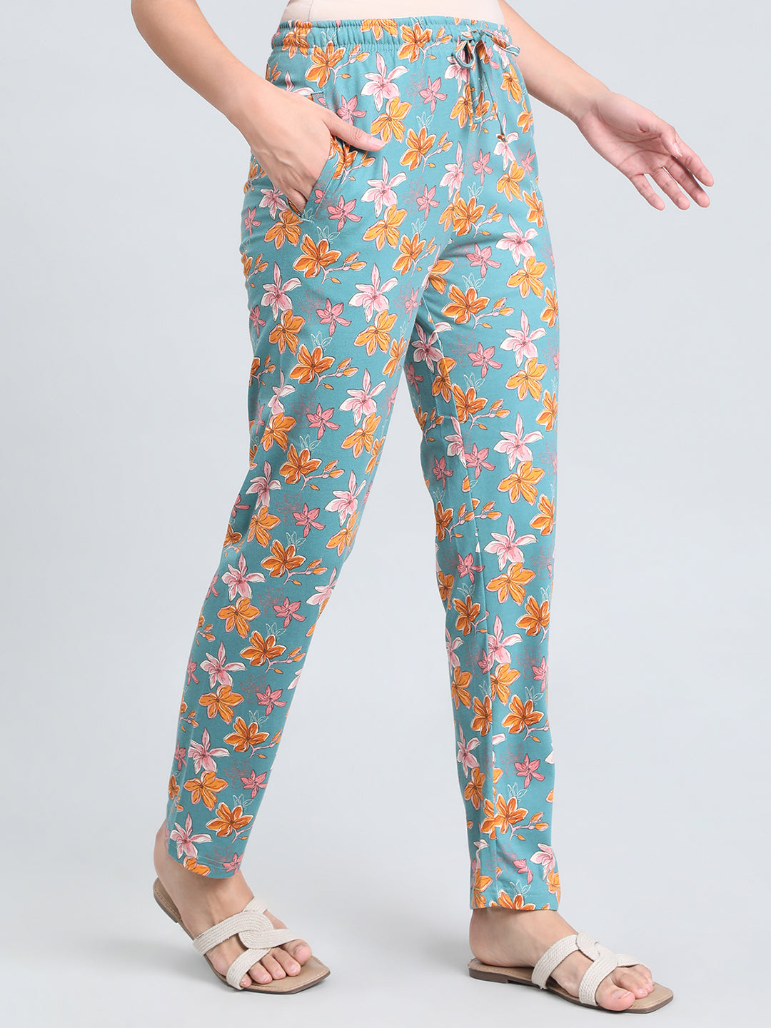 Green Cotton Knit Printed Lounge Pants