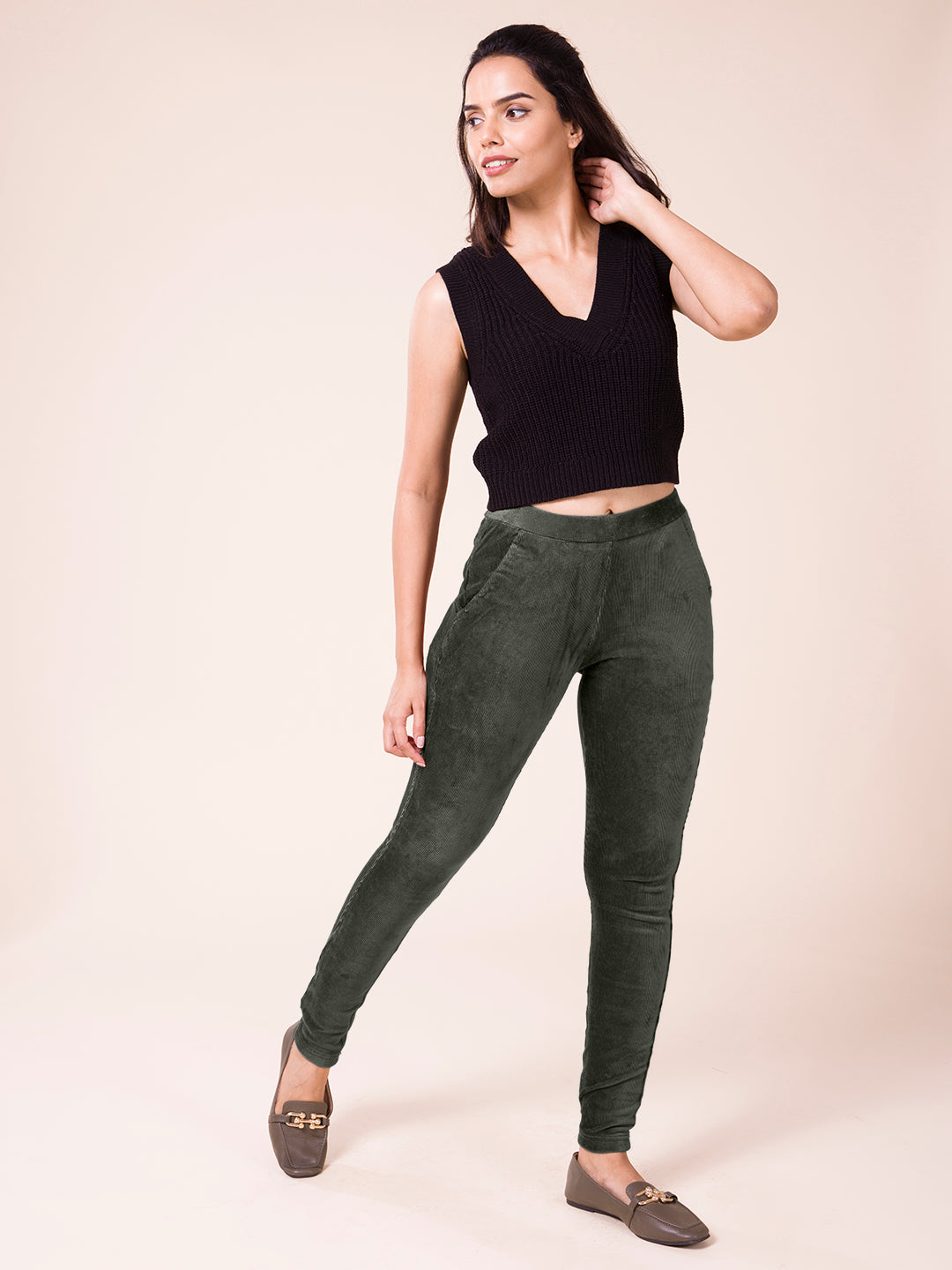 Olive Green Cotton Polyester Corduroy Jeggings