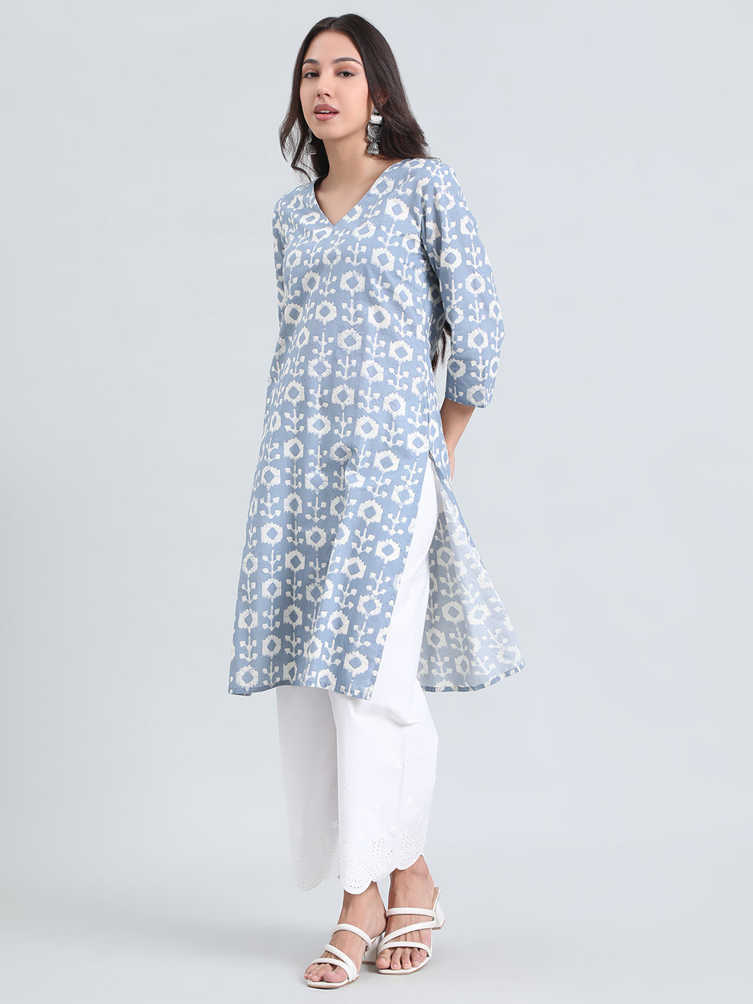 Cotton Ikat Block Print Straight Kurta