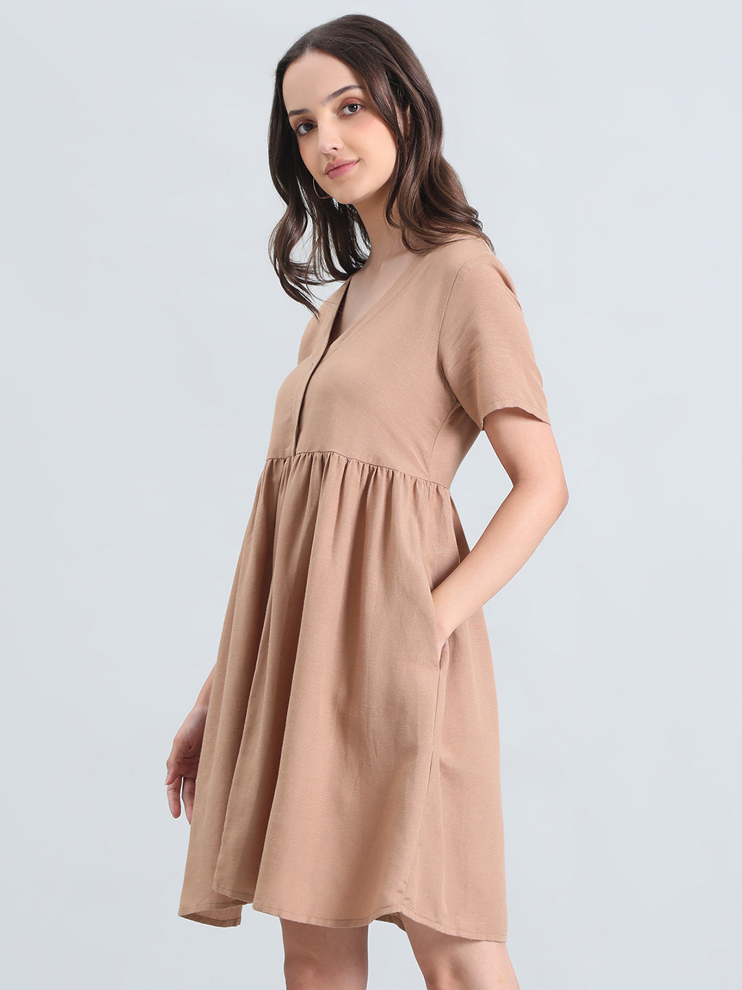 Linen V-Neck Regular Fit Short Dress