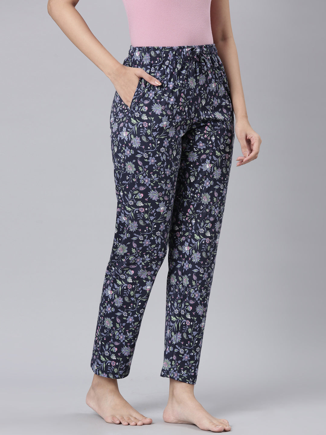 Navy Cotton Knit Printed Lounge Pants