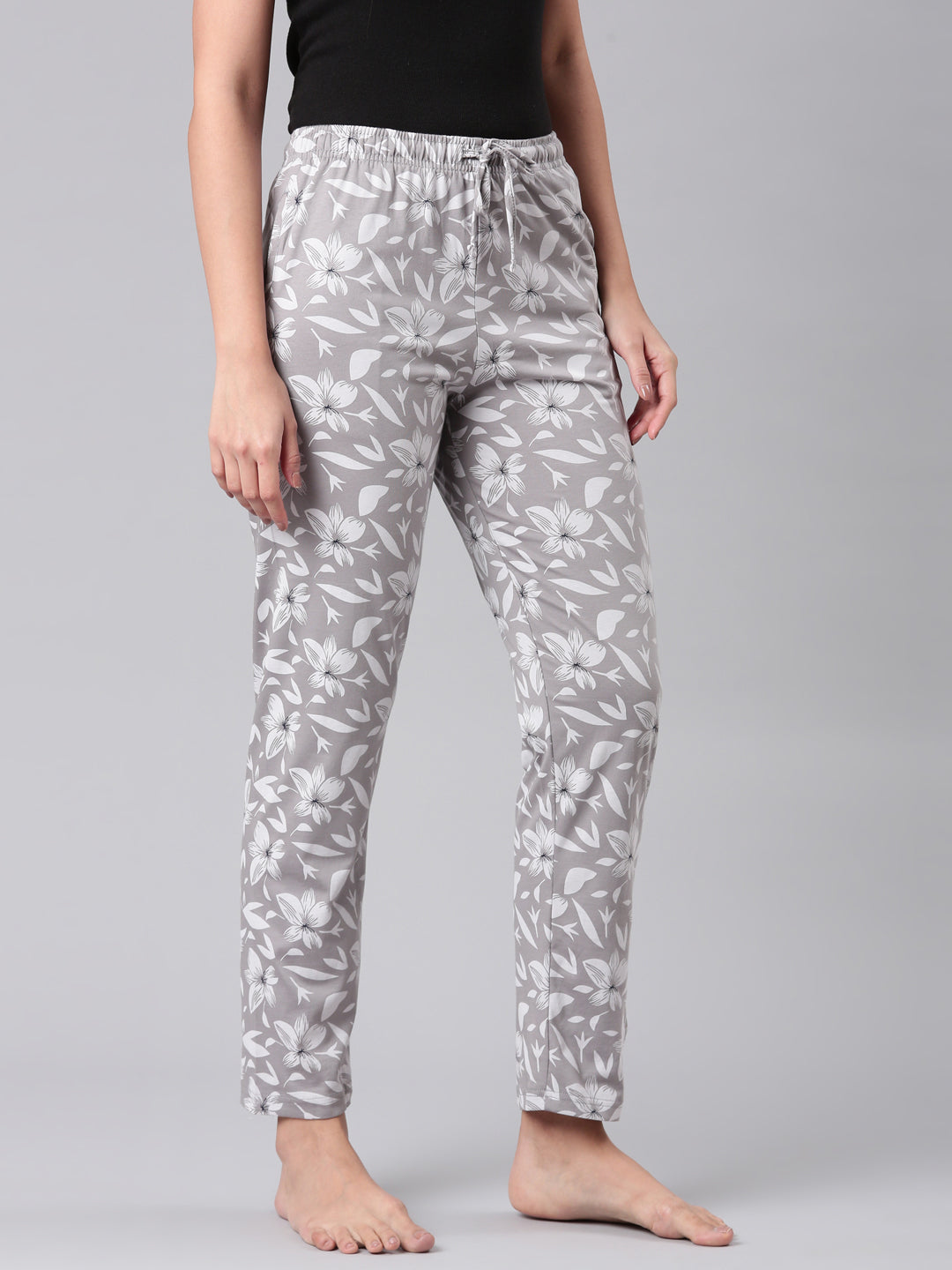 Grey Cotton Knit Printed Lounge Pants