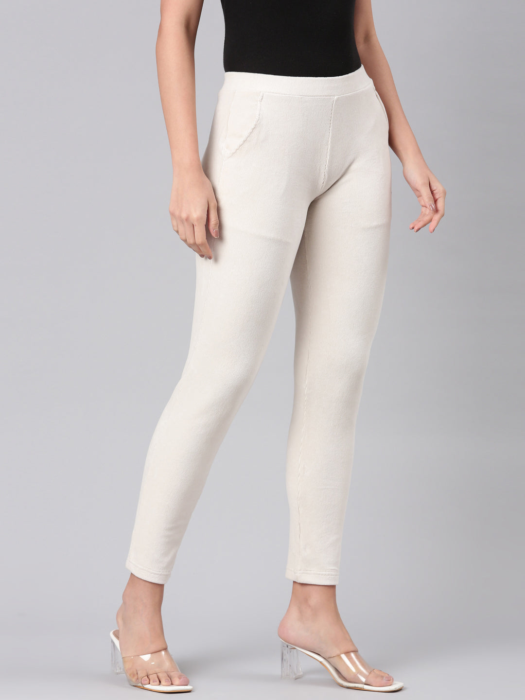 Cream Cotton Polyester Corduroy Jeggings