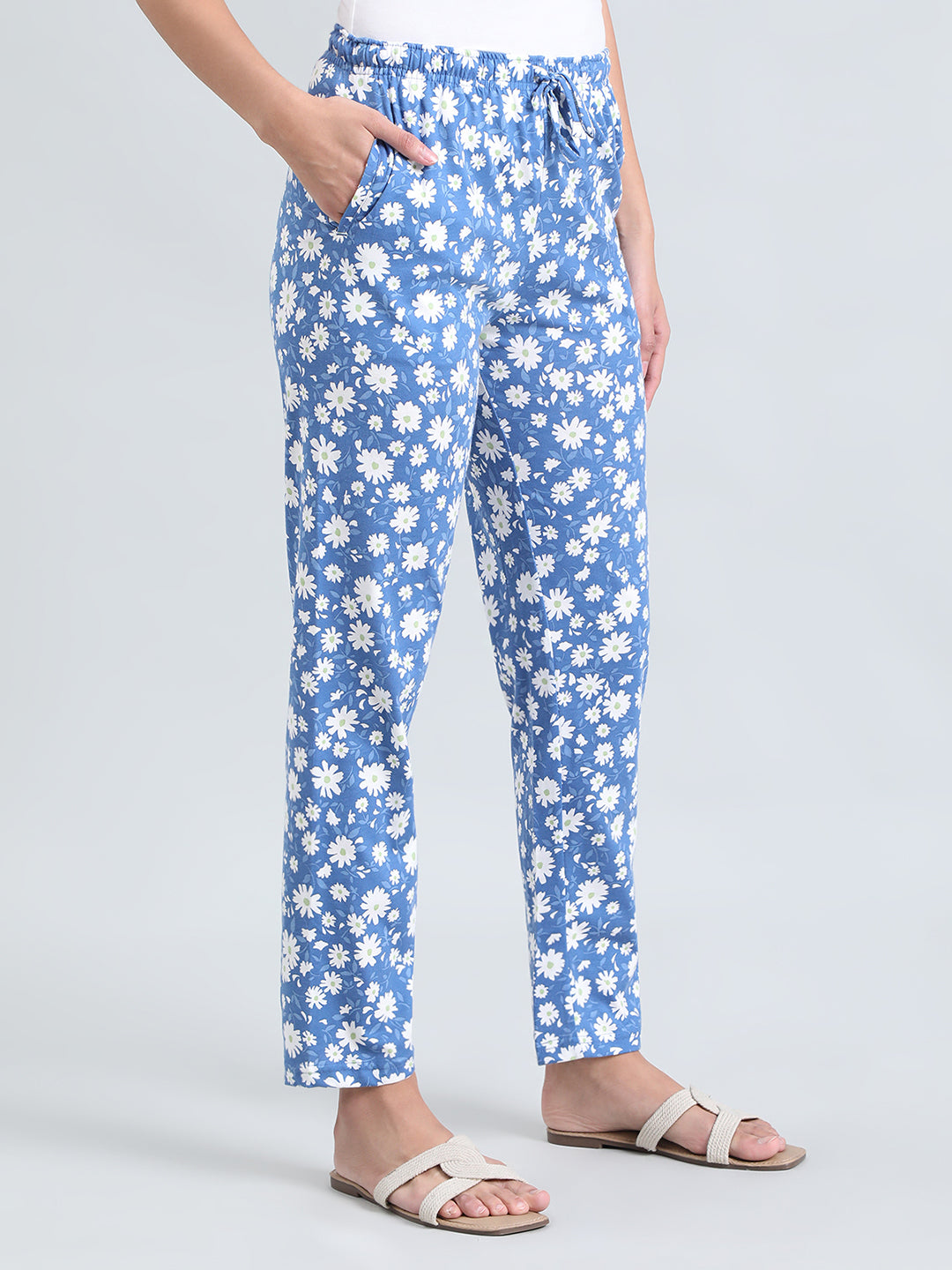 Blue Cotton Knit Printed Lounge Pants