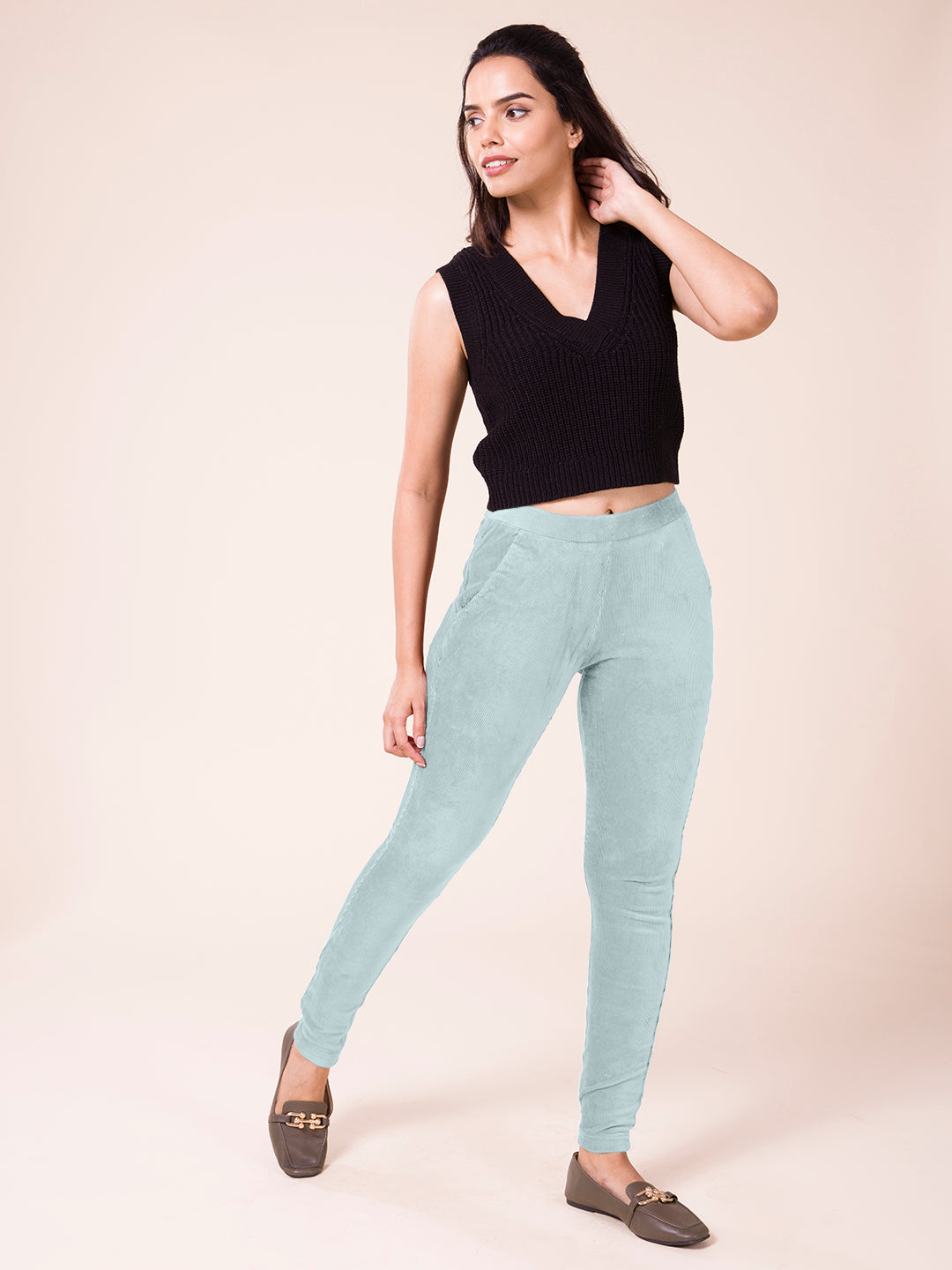 Dusty Blue Cotton Polyester Corduroy Jeggings