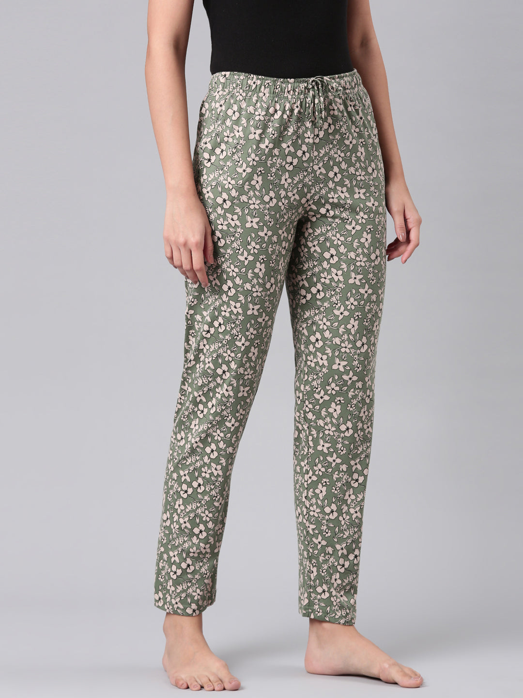 Green Cotton Knit Printed Lounge Pants