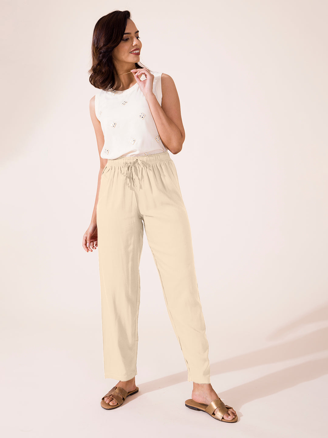 Light Beige Woven Viscose Casual Pants