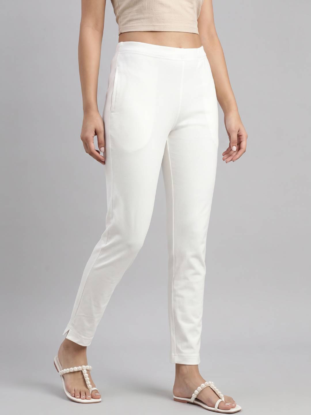 Cream Cotton Stretch Kurti Pants