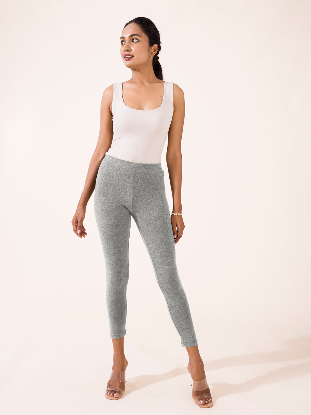 Grey Melanges Cotton Stretch Ankle Length Leggings