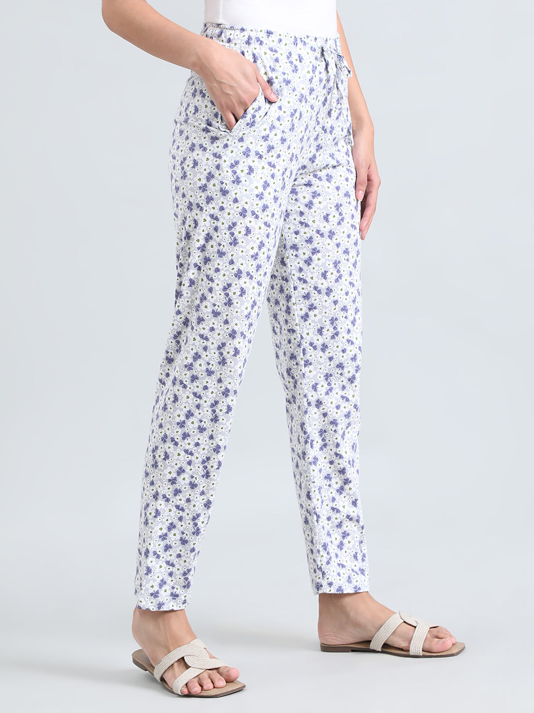 White Cotton Knit Printed Lounge Pants