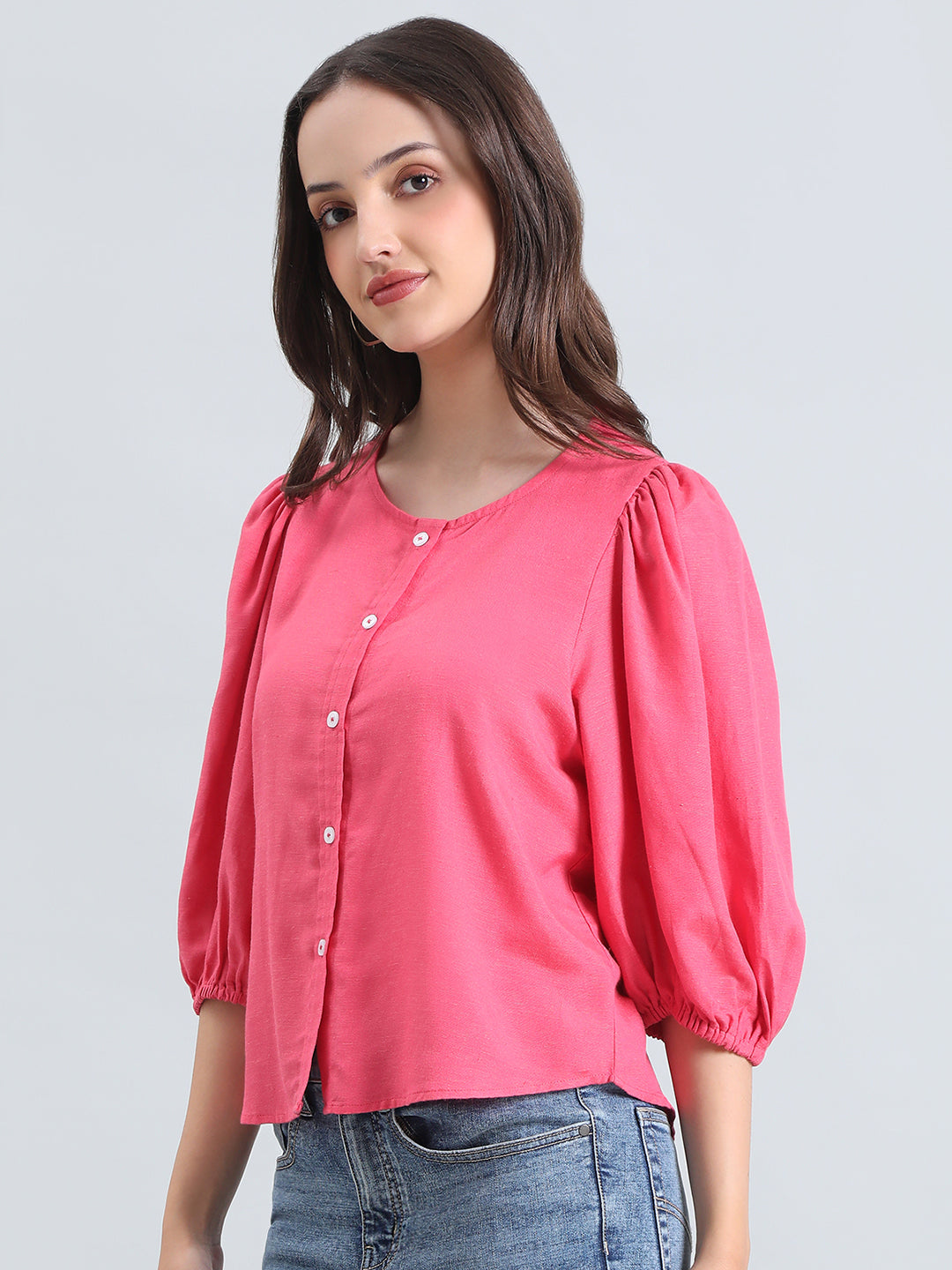 Linen Puff Sleeve Crew Neck Shirt