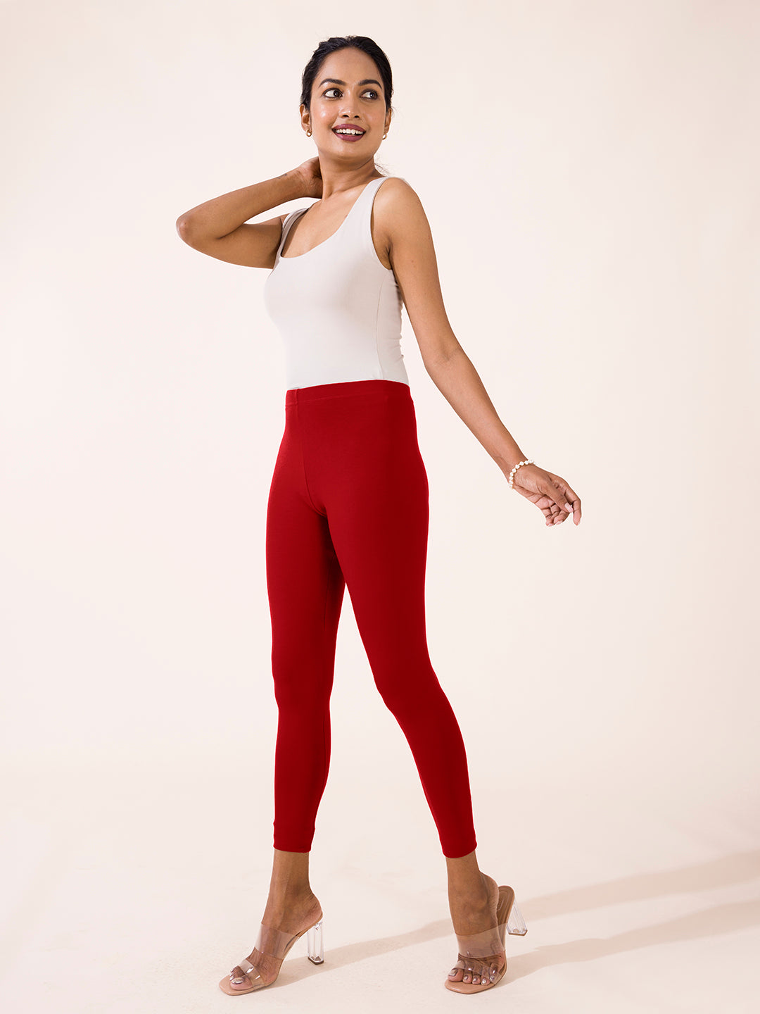 View of Slim Woman Body Lower Part Wearing Red Tights and High