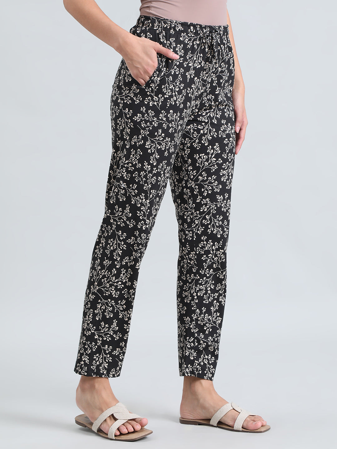 Black Cotton Knit Printed Lounge Pants